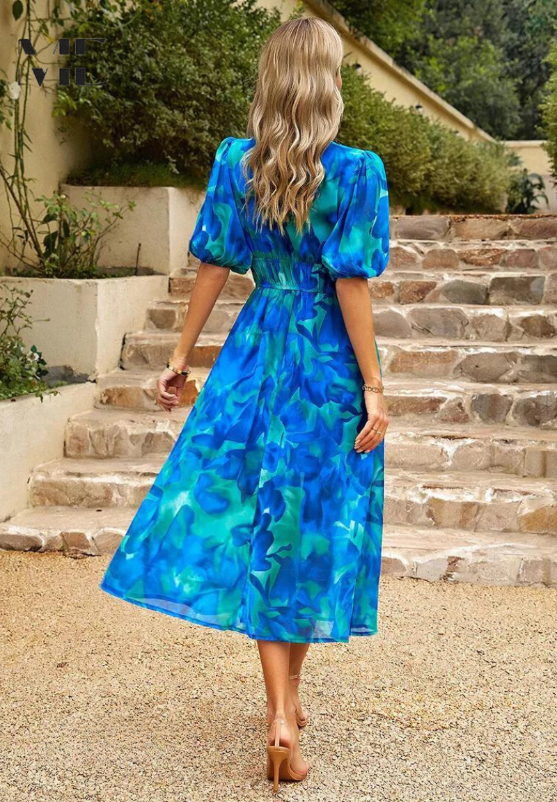 Ilyssia – Floral V Neck Midi Dress Women