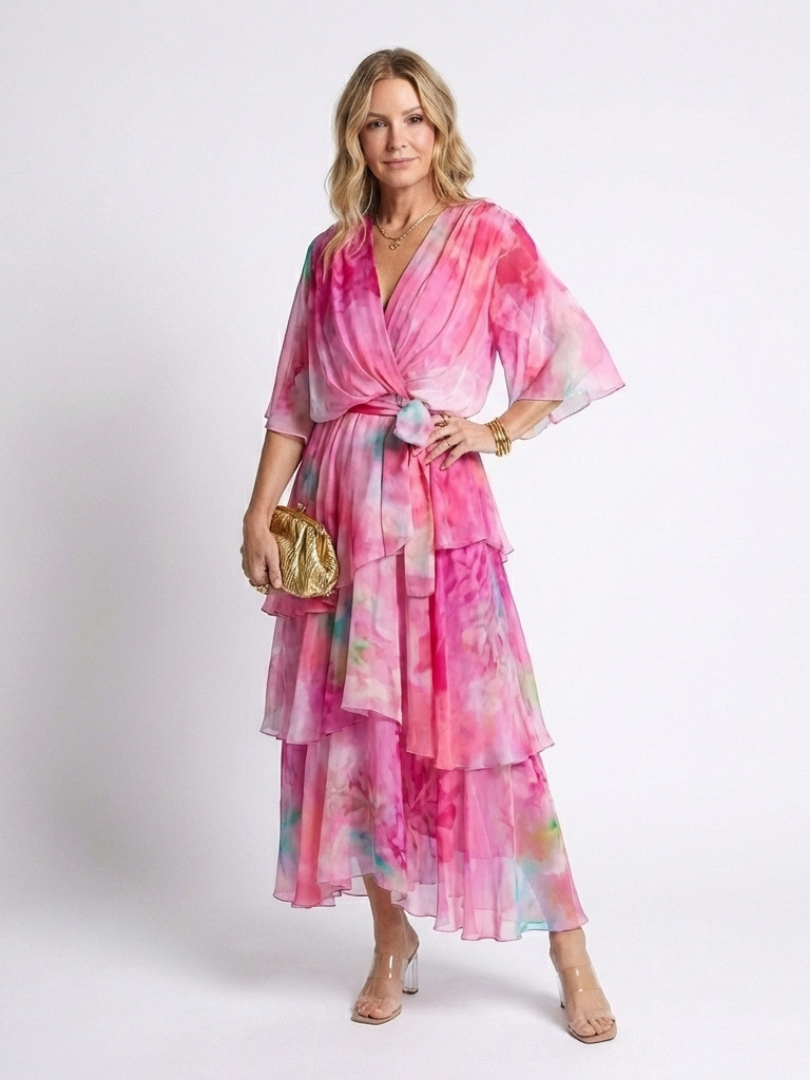 Leila - Wrap Front Tiered Summer Dress Wide Sleeves Tie Waist