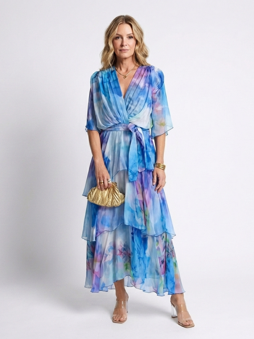 Leila - Wrap Front Tiered Summer Dress Wide Sleeves Tie Waist