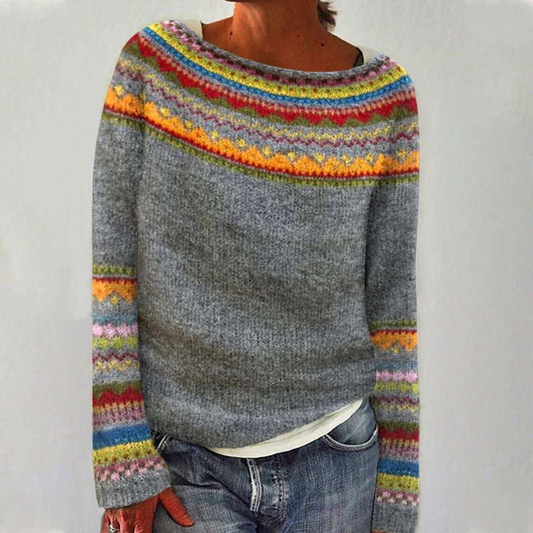 Orlienna – Damski sweter dziany z kolorowym wzorem etnicznym