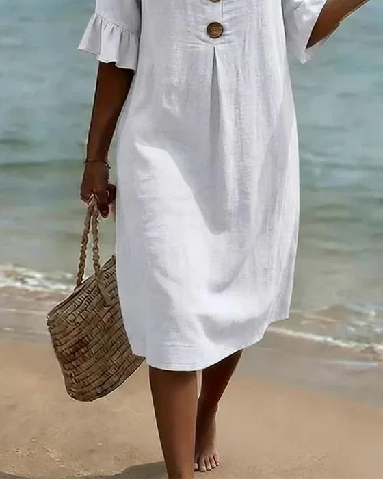 Elisane – Damen Baumwoll-Leinen Sommerkleid mit Knöpfen