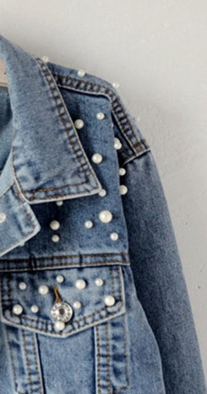 Avelisse - Chaqueta de mezclilla para mujer con perlas decorativas