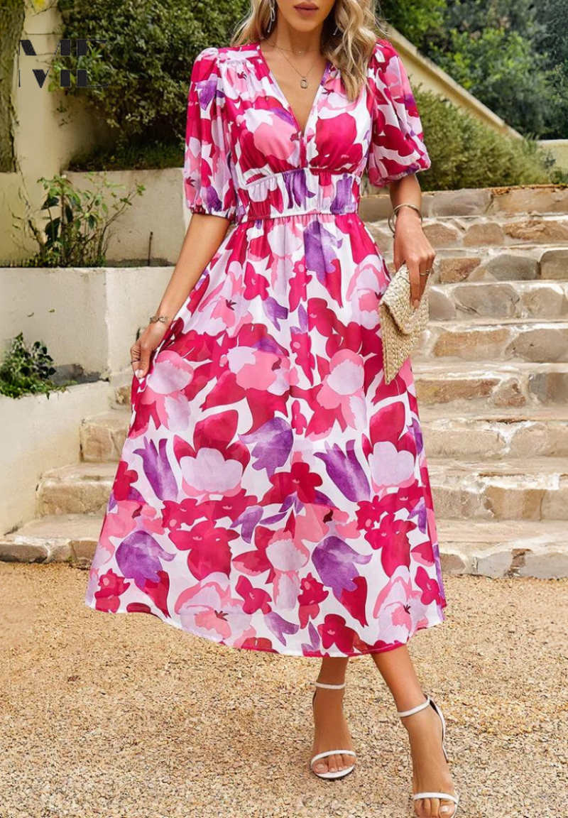 Bellara – Vestido Midi Floral com Decote em V para Convidada de Casamento