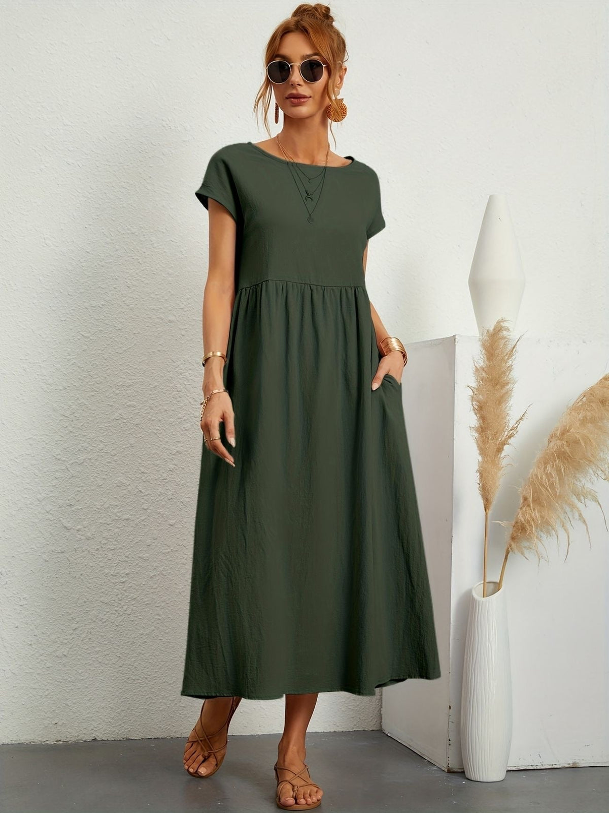 Neline – Női laza midi zsebes ruha rövid ujjú