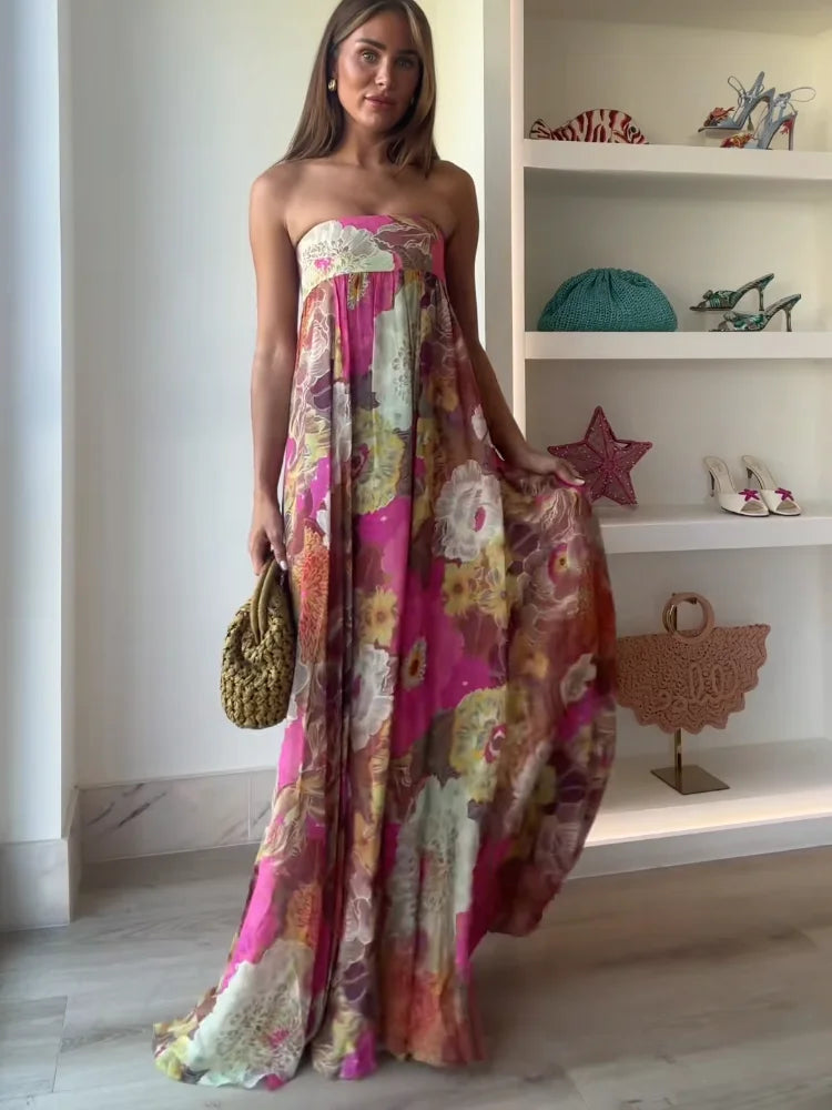 Ivy - Vestido Maxi Floral sem Alças para Convidada de Casamento